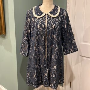 By Stella slate-blue lace swing jacket with triple-pearl lined collar  Size XL